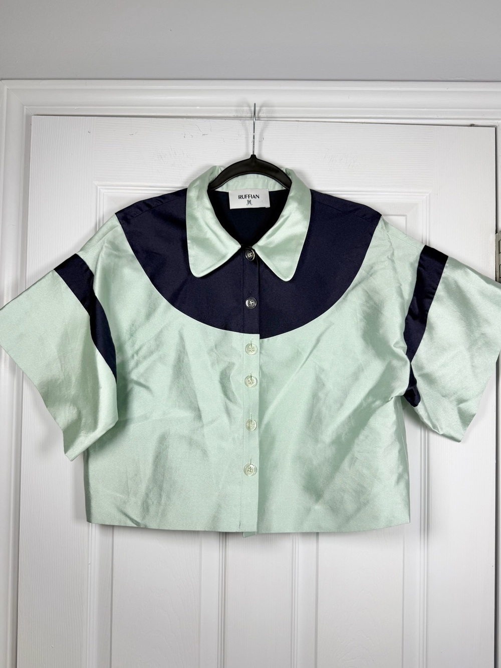 RUFFIAN Size 8 • Silk Seagram Green Black Boxy Blouse Top.